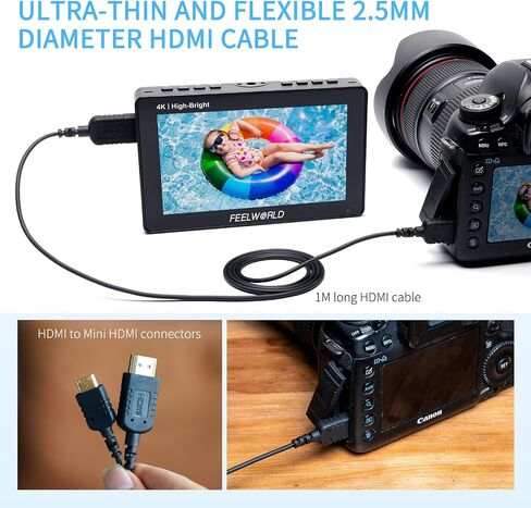 كابل HDMI صغير رفيع للغاية 4K من FeelWORLD بطول 1.5 قدم، كابل HDMI 2.0 نحيف 2.5 مم، يدعم السرعة العالية 4K@60 هرتز 2160p 1080p 18gbps 3D HDR للكاميرا وكاميرا الفيديو والكمبيوتر المحمول والكمبيوتر اللوحي in Kuwait