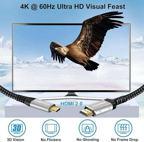 كابل USB C طويل إلى HDMI بطول 16.5 قدم/5 متر، [4K@60 هرتز] سلك USB 3.1 عالي السرعة من النوع C إلى HDMI 2.0 للمكتب المنزلي، [متوافق مع Thunderbolt 3/4] مع iPhone 15 Pro/MAX، Galaxy S8 إلى S24، XPS ، أسوس in Kuwait