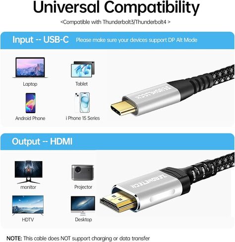 كابل USB C طويل إلى HDMI بطول 16.5 قدم/5 متر، [4K@60 هرتز] سلك USB 3.1 عالي السرعة من النوع C إلى HDMI 2.0 للمكتب المنزلي، [متوافق مع Thunderbolt 3/4] مع iPhone 15 Pro/MAX، Galaxy S8 إلى S24، XPS ، أسوس in Kuwait