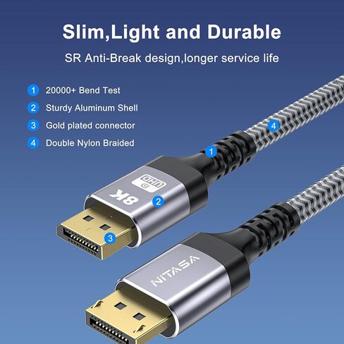 كابل DisplayPort إلى DisplayPort بطول 10 أقدام، كابل ألعاب NITASA عالي السرعة DP إلى DP سلك مضفر من النايلون، 8K@60 هرتز، 4K@144 هرتز، 2K@240 هرتز يدعم 32.4 جيجابت في الثانية، منفذ عرض HBR3 HDR10 HDCP2.2 لشاشة الألعاب والتلفزيون والكمبيوتر الشخصي in Kuwait