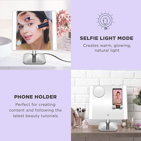 مرآة مكياج مضاءة من كونير، مرآة زينة بإضاءة LED، مرآة مكبرة 1X/10X مع حامل هاتف، سلكية من الكروم المصقول in Kuwait