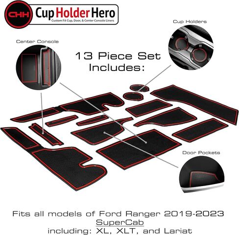 CupHolderHero يناسب ملحقات Ford Ranger 2019-2023، حشوات حامل أكواب داخلية فاخرة مضادة للانزلاق ومضادة للغبار، وسجادات بطانة وحدة التحكم المركزية، وجيب الباب، مجموعة 13 قطعة (SuperCrew - 5 ركاب) (زخرفة حمراء) in Kuwait