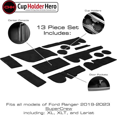 CupHolderHero يناسب ملحقات Ford Ranger 2019-2023، حشوات حامل أكواب داخلية فاخرة مضادة للانزلاق ومضادة للغبار، وسجادات بطانة وحدة التحكم المركزية، وجيب الباب، مجموعة 13 قطعة (SuperCrew - 5 ركاب) (زخرفة حمراء) in Kuwait