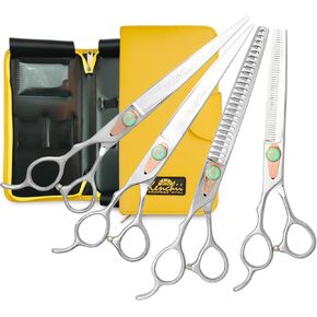 Kenchii Future Star Dog Grooming Scissors Righty Set Premium Kit for Novice & Pro Groomers Straight Curved Thinner & Blender Shears with Micro Serrated Blades Includes Case and Inserts.