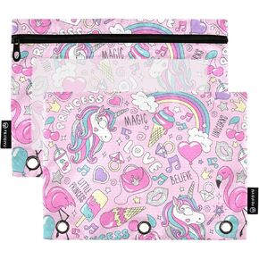Fisyme Unicorn Flamingo Pink Pencil Pouch for 3 Ring Binder Pencil Case Pencil Bag Zipper Pouch with Clear Window for Office 2 Pack