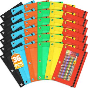 حقيبة قلم رصاص لمدة 3 رنين رنين ، 36 حزمة Zipper Pencil Pouch Buck في 6 ألوان ، علبة قلم رصاص للوثق مع نافذة واضحة للمدرسة والمنزل والمكتب