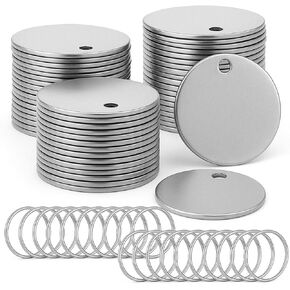 100pcs Round Metal Blank Dog Tags for Stamping Stainless Steel Key Tags for Engraving, Metal Stamping Blanks with Hole 1.2 Inch Silver Round Blanks with Key Rings for Pet Dog Id Tag Jewelry Making