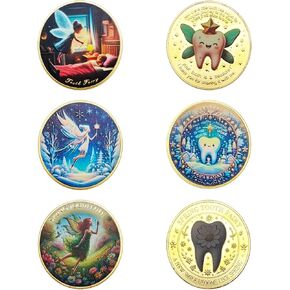 6 Pcs Printed Tooth Fairy Coin, Lucky Coin Gift for Lost Tooth Kids, Children's Teeth Changing Commemorative Gift, Reward Coin Art Collection