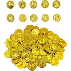 Party Props Gold Coins for Games, 100 Pieces Plastic Pirate Coins, Egyptian Style Treasure, Ages 3+