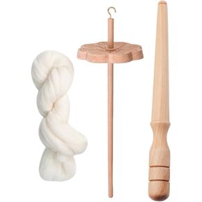 Drop Spindle Wooden with Winder Stick,Sewing Projects Yarn Wheel Hand Carved for Knitted Woven Crochet Felting, with Wool Strips