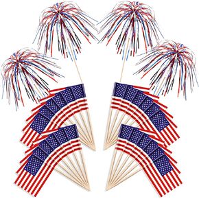 100Pcs American Flag Patriotic Cupcake Toppers, 4th of July Foil Firework Cupcake Toppers Tinsel Drink Cake Decoration Picks Independence Day Decorations Supplies Favor