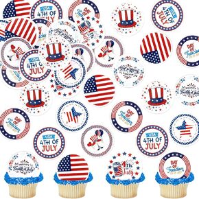 4th of July Edible Cupcake Topper 56 pcs,Flag Star USA Patriotic Cupcake Topper American Independence Day Them 8 Designs Cartoon (Star)
