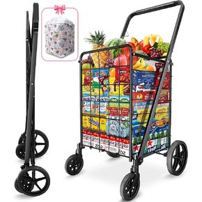 AOSION Folding Shopping Carts for Groceries,27GAL/220lb,Grocery Cart with 360° Rolling Swivel Wheels, Collapsible Rolling cart,Portable Utility Cart with Shopping Liner for Laundry Luggage Office
