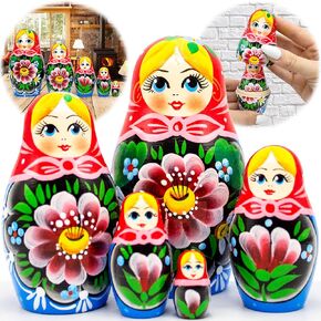 AEVVV Traditional Russian Nesting Dolls Set 5 pcs - Handmade Babushka Nesting Dolls with Flowers - Matryoshka Doll with Flower Decororations - Munecas Rusas