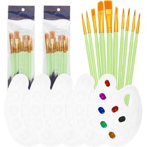 PATIKIL Painting Brush Palette Set with 20pcs Nylon Hair Paint Brushes and 5pcs Round Paint Tray Palette for Oil Watercolor Art, White