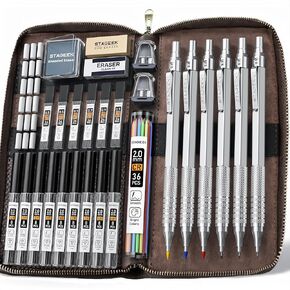 30PCS Black Metal Mechanical Pencil Set in Leather Case, 0.5/0.7/0.9/2.0mm Art Drafting Pencils with 16 Tubes Graphite Leads (6B 4B 2B HB 2H 4H) & Colored Refills for Sketching, Drawing, Writing