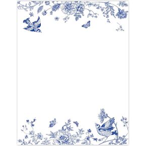 60 Sheets Blue Floral Stationery Letterhead Paper Chinoiserie Flower Bird Butterfly Writing Paper Single-Sided Greeting Paper for Invitations Office Printing, 8.5 x 11 Inch