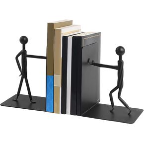 2 PCS Metal Unique Bookends, Abstract Human Shape Bookends, Heavy Duty Metal for Shelves, Office Desk Book Stopper, Black Coated Book Holder with Non-Slip Base Support
