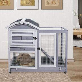 GEGURI Rabbit Hutch Indoor Outdoor, Bunny Cages Wooden Pet House for Guinea Pig with Wheels, Removable Tray, Ramp