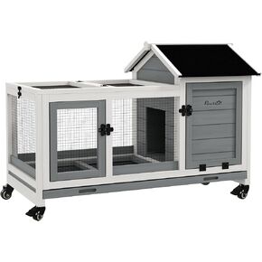PawHut Indoor Outdoor Wooden Rabbit Hutch with Wheels, Large Bunny Hutch with Run & Slide-Out Tray for Small Animals, Guinea Pig, Gray