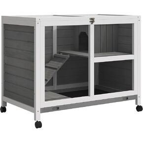 PawHut Rabbit Hutch with Wheels, Desk and Side Table Sized, Wooden Rabbit Cage, Waterproof Small Bunny Cage with Removable Tray, Openable Roof, for Indoor & Outdoor, Natural