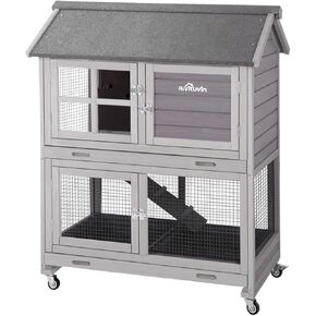 Aivituvin [Upgrade Version] Rabbit Hutch Bunny Hutch, Rabbit Cage with Two No Leak Trays, Indoor & Outdoor Waterproof Cage for Bunny, Upgraded Bottom Wire Netting,Grey,Large, Camel