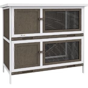 PawHut Wooden Bunny Rabbit Hutch, Small Animal Habitat with Ramp, Removable Tray & Weatherproof Roof, Indoor/Outdoor, Grey