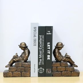 Book Ends for Heavy Books - Decorative Vintage Bookends for Shelves - Rustic Resin Book Stopper Holder for Modern Office Home Desk Coffee Table Bookshelf Decor