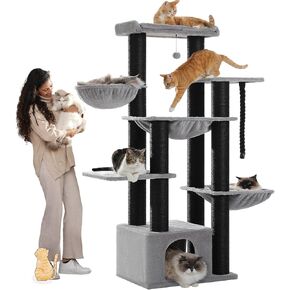 Large Cat Tree-67in Tall Cat Tower for Indoor Cats Large Adult with 13 Thick Black Scratching Posts (φ4.3in), Multi- Level Cat Condo, Super Big Perch & Hammocks for Maine Coon 20 lbs -Gray