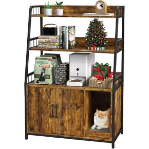 Easycom Cat Litter Box Enclosure - Large Hidden Litter Box Furniture with Shelf Storage, Wooden Cat House with Cat Scratching Pad, Litter Box Cabinet with Large Double Door Design-Brown