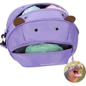 Hippo Yarn Storage Bag Organizer for Crochet – Portable Knitting Holder with Zipper, Small Craft Project Bag, Cute Crochet Accessories & Gifts for Women (Light Purple)