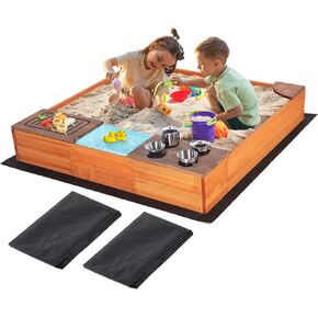 Kids Sandbox with Kitchen Playset, 2 in 1 Wood Sand Pit with Cover & Bottom Liner, Outdoor Toddler Sand Box with Corner Seats, Storage Bin, Sink & Cooking Accessories for Garden Beach Backyard