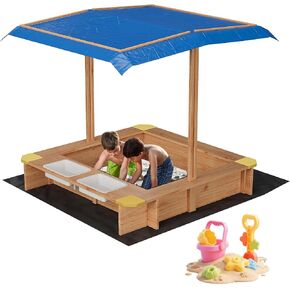 Wooden Sandbox with 2 Plastic Boxes, Outdoor Sand Box with Adjustable Canopy, Bottom Liner, Anti-Collision Design for Ages 3-8, Spacious Kids Sand Pit for Beach, Patio, Backyard(39x39in)