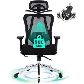 Heavy Duty Ergonomic Office Chair, 500lbs Capacity, Mesh Back, Aluminum Alloy Frame, Modern Style, Black