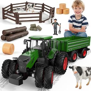 8-Wheels Tractor Toys with Trailer, Animal Farm Toy Toddler Playset with Fence,Farmer,Tree,Cow, Farm Animals Toy Truck Vehicle Set for Kids 3-12 Years Old Boys Girls Birthday Gift