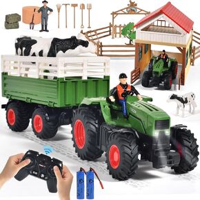 Remote Control Tractor for Kids, RC Tractor 2.4Ghz w/Trailer, Farm Toy House, Lights, Animal Figures, Toy Tractors Truck Toddlers Farm Vehicle Toys for 3+ Year Boys Girls Birthday Gift