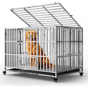 48" Heavy Duty Dog Crates for Large Dogs, Upgraded 4 Lockable Wheels, Stainless Steel Kennel Dog Kennel Indoor, Max Load 300Lbs, Easy to Clean, Escape Proof, XL Dog Cage for High Anxiety Dogs