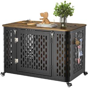 Dog Crate with Cushion, 38" Wood Heavy Duty Dog Crate Furniture with Flip Top & Wheels for High Anxiety Dogs, Escape Proof Pet Cage for Small/Medium Dogs