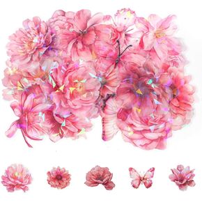60 Pack Pink Holographic Glitter Butterfly Sticker Set Glitter Shiny Flower Stickers Large Size Flower Stickers Waterproof Decorative Decal for Scrapbooking Journal Planner Bottle Laptop Art Crafts
