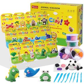 Air Dry Clay for Kids, 12 Animals Modeling Clay Kit with 8 Sculpting Tools and Clear Acrylic Sheet, Soft & Non-Sticky, Safe & Non-Toxic Magic Clays, DIY Arts & Crafts Creative Gift for Boys & Girls
