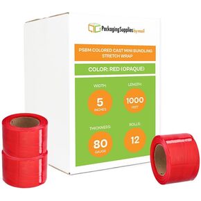 Stretch Wrap Film, Bundling Packing Wrap, Red, 5 Inch x 1000 Feet, 80 Gauge, 12 Pack