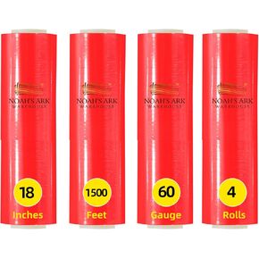 18" x 1500FT Industrial Class Pallet Wrap, 60 Gauge Heavy-Duty Stretch Film, Red, 4 Rolls, for Warehouse Packing, Adhering Packing Moving Packaging