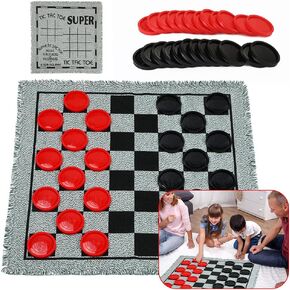 Giant Checkers Set, Tic Tac Toe Game Jumbo Big Large Outdoor Indoor Including 24Clips(2.8"), A Reversible Rug(24"x24"), Lawn Backyard Party Picnic Games for Kids Children Adults and Family