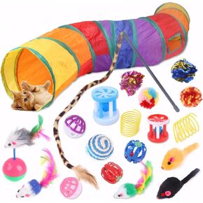 Cat Tunnel Toy Set for Indoor Cats – 20 Pcs Collapsible Cat Tunnels & Tubes, Interactive Feather Wand, Balls, Toys for Kitten and Large Adult Cats