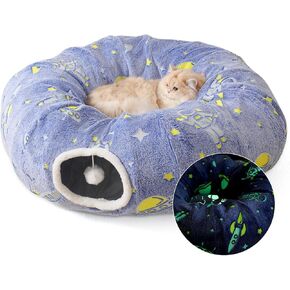Large Cat Tunnels Bed Tube for Indoor Cats Glows in The Dark Cat Tunnel with Cushion and Plush Ball Toy Longer Playground Toys for Dog Puppy Kitten Rabbit Bunnies Ferret Pet Gray