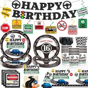 16th Birthday Decorations for Boys, Driver's License Party Banner Plates and Napkins Set License to Drive Tablecloth Decorations Car Theme Drivers License 16 Birthday Decorations Boy