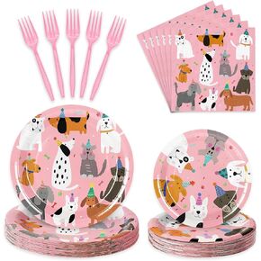 96Pcs Dog Birthday Party Supplies Disposable Dog Themed Tableware Include 24 Dinner Plates 24 Dessert Plates 24 Paper Napkins 24 Forks Pink Cartoon Dog Birthday Party Decor for 24 Guests
