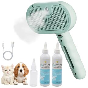 Pet Steam Brush for Cat & Dog – 4-in-1 De-Shedding, Steam Spray, and Self-Cleaning Grooming Tool – Ideal for Long and Short-Haired Pets– Includes 2 Bottles of 120 mL Waterless Shampoo(White)