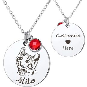 Anavia Personalized Pet Portrait Necklace, 12 Month of Birthstone Charm Options, Handmade Photo Custom Pet Memorial Jewelry Gift for Women, Round Disc Coin Necklace for Dog Cat Lovers