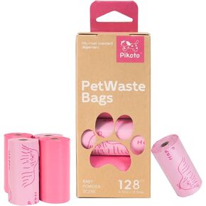 Dog Poop Bags, Large, Thick, and Leakproof Waste Disposal Bags for Dog Walking, Cat Litter, and Diaper Cleanup, Refill Rolls with Easy Pull Sticker, Dual-Tone Pink, Baby Powder Scent, 128 Count